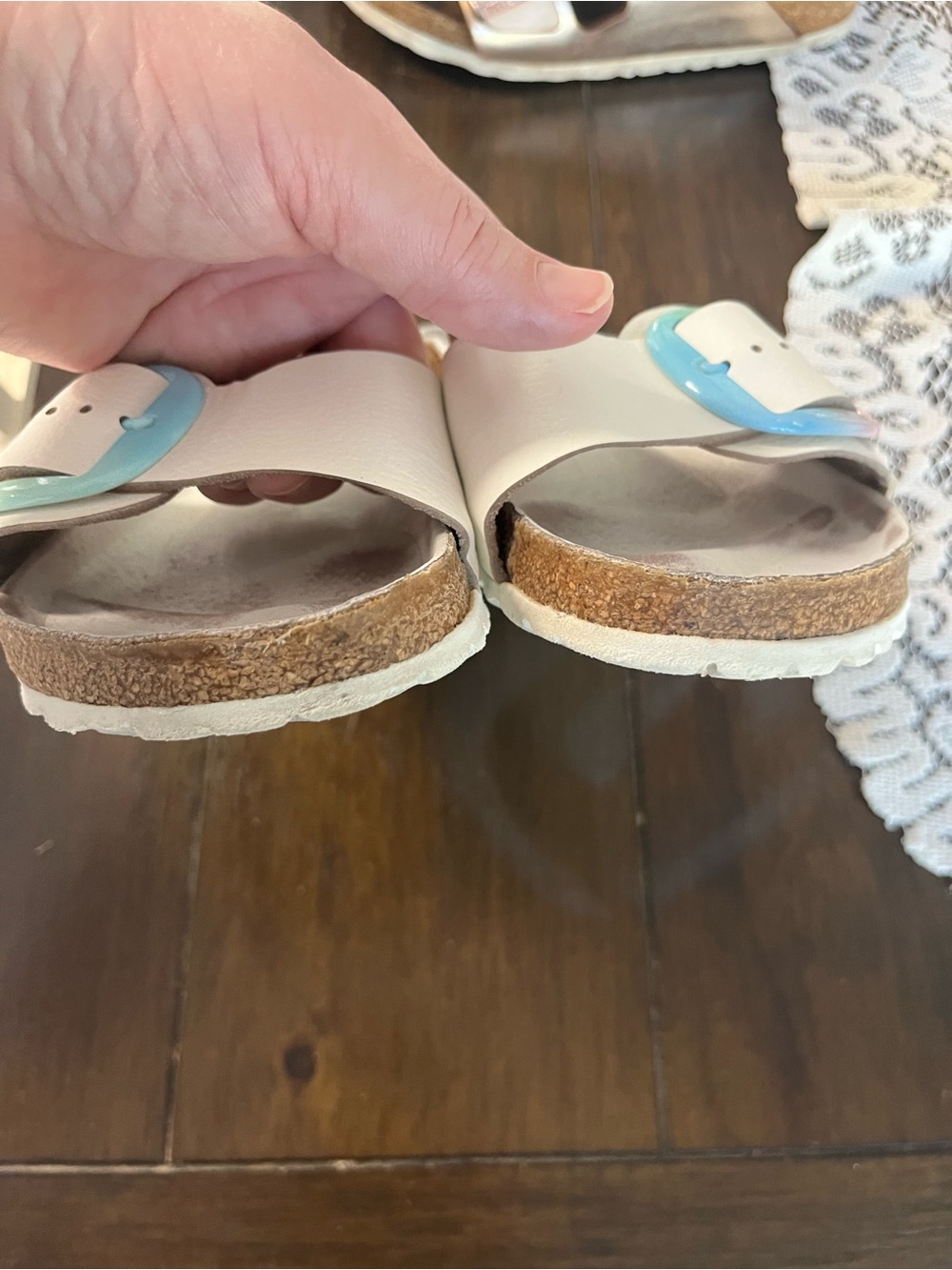 Birkenstock White Slide Sandals with Pastel Ombre Buckles 7-7.5 - Picture 4 of 10